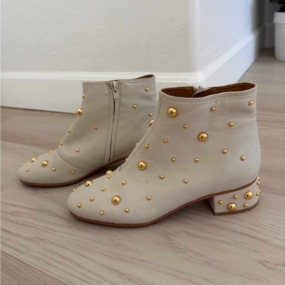 See By Chloe Cream Ankle Boots with Gold Studs
